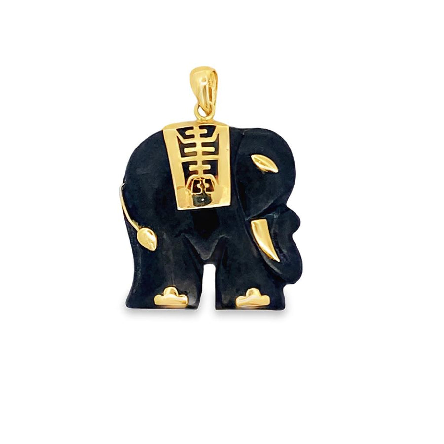 Yellow 14 Karat 33.5X23.85mm Black Jadeite Elephant Pendant With Chine