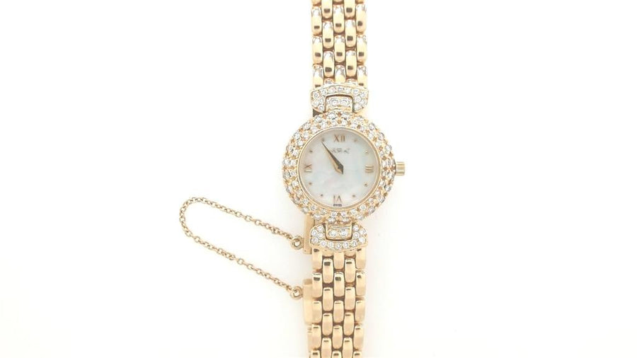 Yellow 14 Karat Ladies JBL Watch Diamond Bezel And Mother Of Pearl Face On A