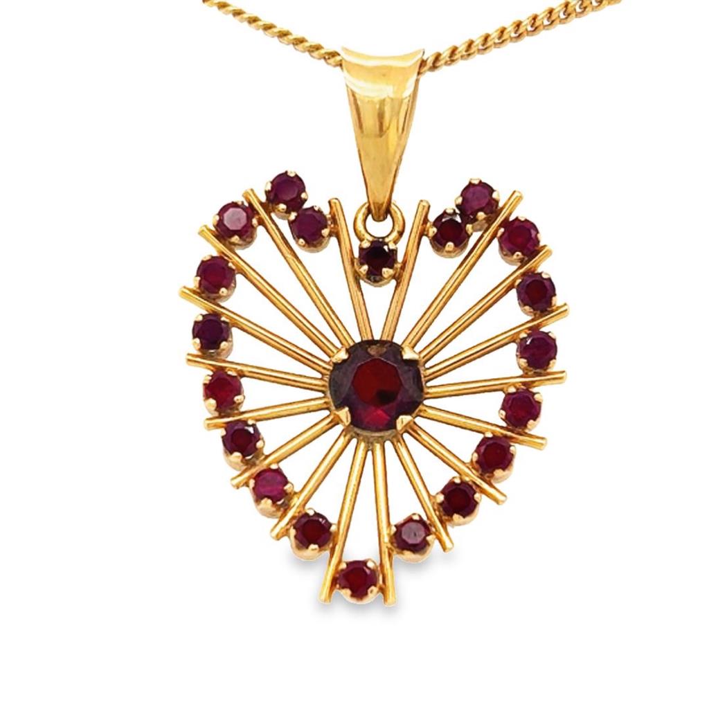 Estate Sunburst Garnet Heart Necklace