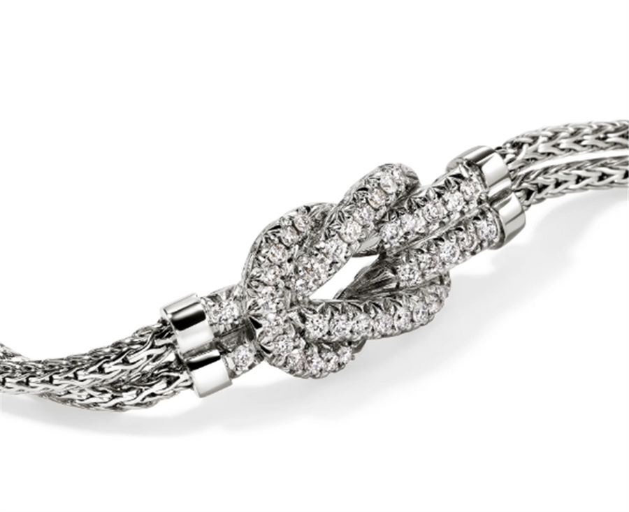 John Hardy Sterling Silver Love Knot Double Row Pave Diamond Bracelet