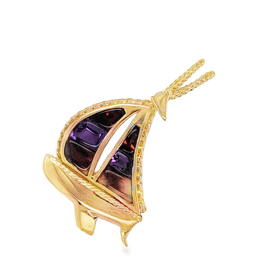 Yellow 14 Karat 37.75X22.00mm Sailboat With Fancy Cut Cabochon Garnet