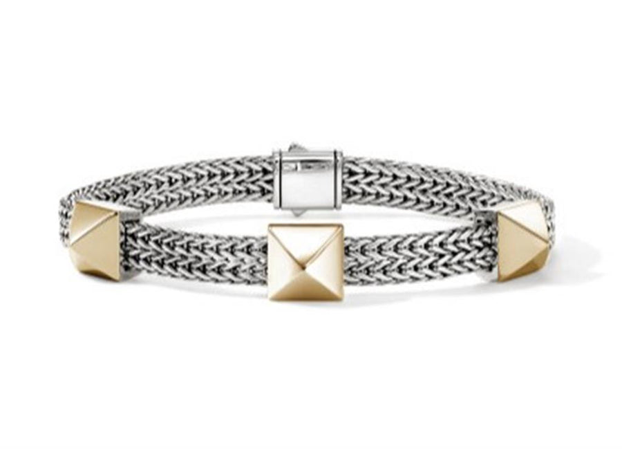 Two-Tone 14K/Sterling Silver Icon Stud 3 Station Bracelet on a 6mm Fla