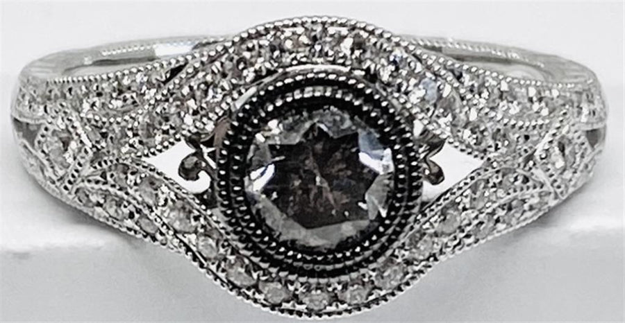 Lady's White 14 Karat Black Rhoidum Bezel Engagement Ring With One 0.5