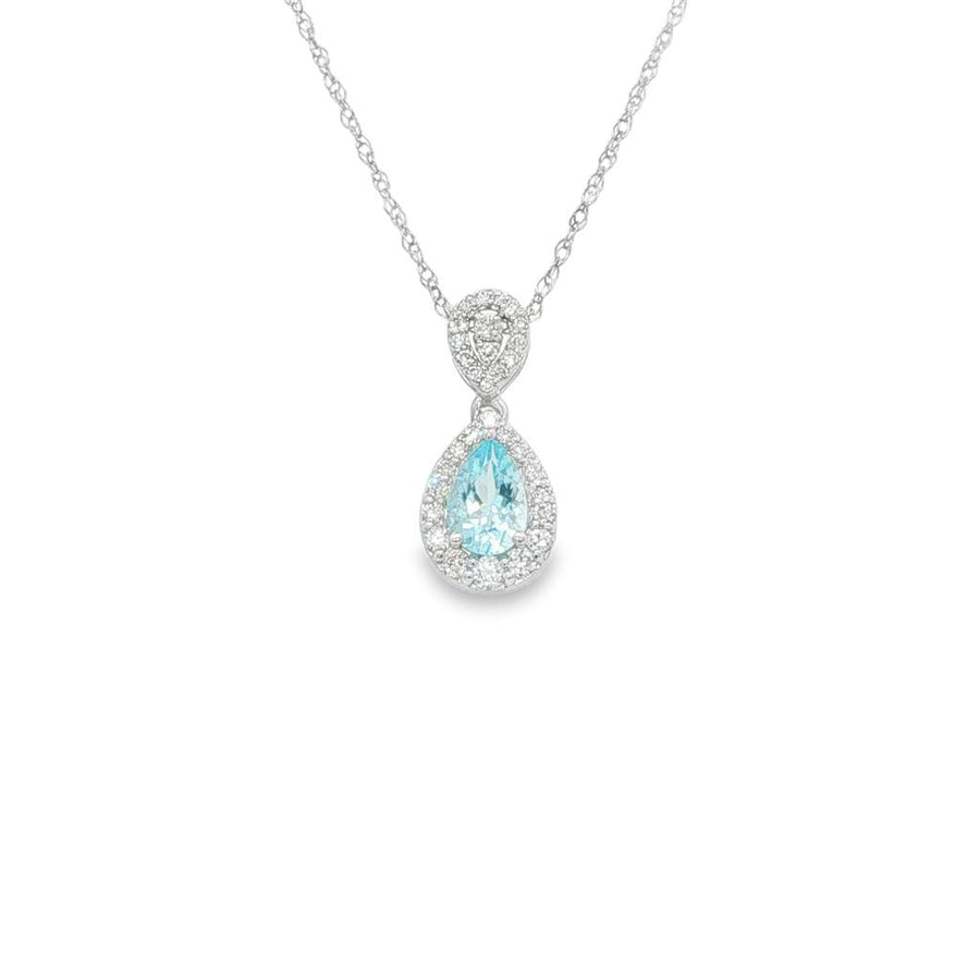 Lady's White 14 Karat Pear Halo Drop Pendant With One = 0.45CT Pear Aq