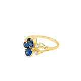 Yellow 21 Karat Fashion Ring Estate Jewelry Size 5.25 3=5.00x3.50mm Pear Blue Sapphires
2=0.06tw Round Diamonds Gram Weight: 2.1