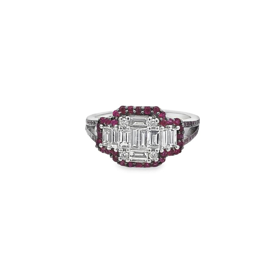 Three Stone Mosaic with Ruby Halo