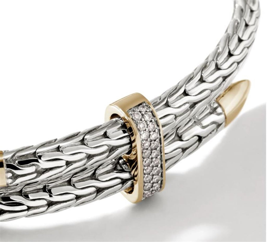 John Hardy Two-Tone Sterling Silver/14K Yellow Gold Diamond Pave Spear Bypass Flex Cuff