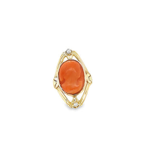 Yellow 14 Karat Coral Cameo Ring Estate Jewelry Size 3.25 one 12.90x9.30mm OVAL Coral
2=2.00x2.00mm Round Pearls Gram Weight: 3.44