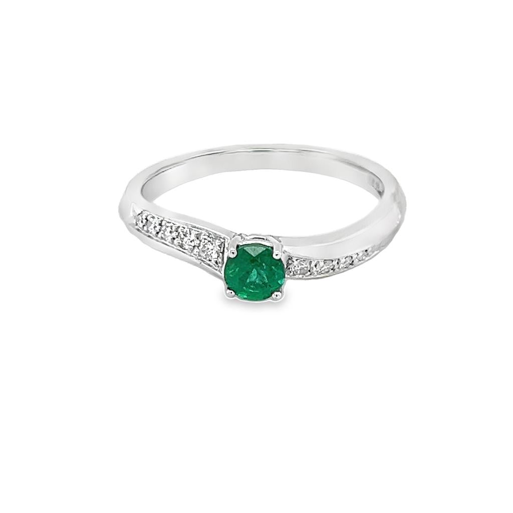 Nelson Lady's White 18 Karat Curved Emerald and Diamond Fashion Ring