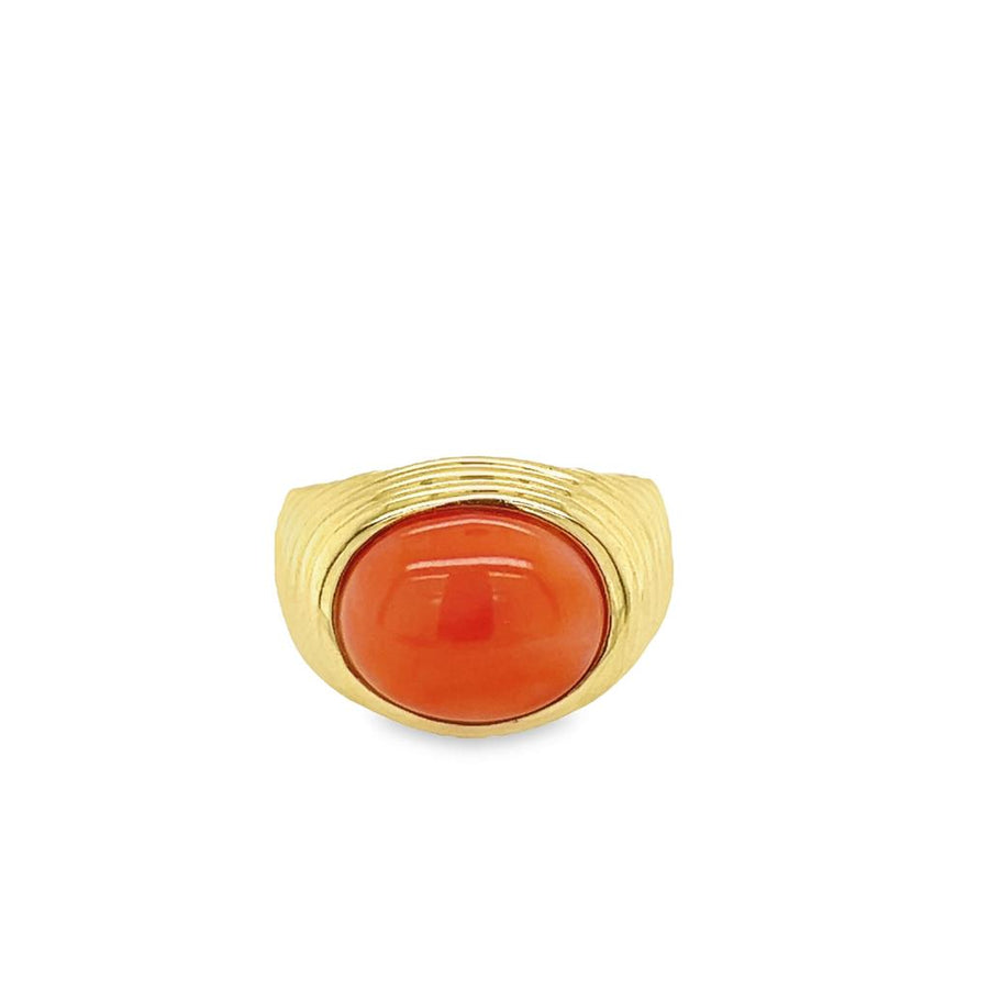 Yellow 14 Karat Oval Tiered Fashion Ring Estate Jewelry with 1 Oval Coral