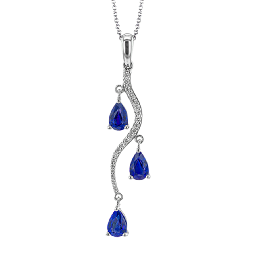 Lady's White 18 Karat Drop Pendant Necklace With 3 = 1.45Twt Pear Blue Sapphires And 22 = 0.11Twt Round Diamonds Designer: Simon G