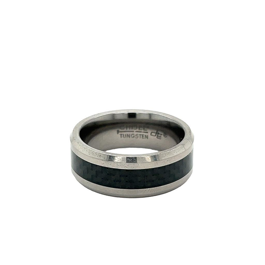 Grey Tungsten Bezeled Ring with Dark Grey Carbon Fiber Inlay
