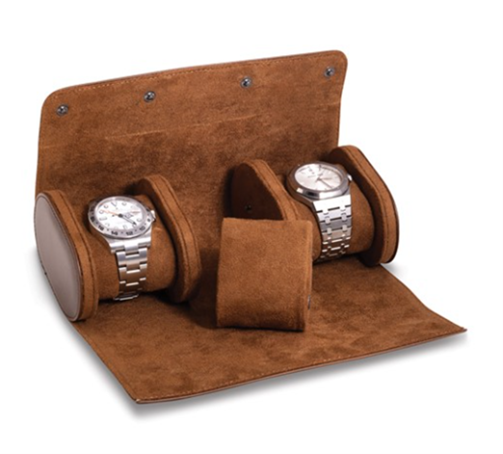 Brown Leather Velour Lined Snap Closure Triple Watch Travel Case