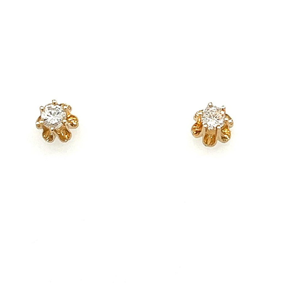 Yellow 14 Karat Flower Shaped Mounting Diamond Stud Earrings Estate Jewelry With 2=0.50Tw Round Diamonds