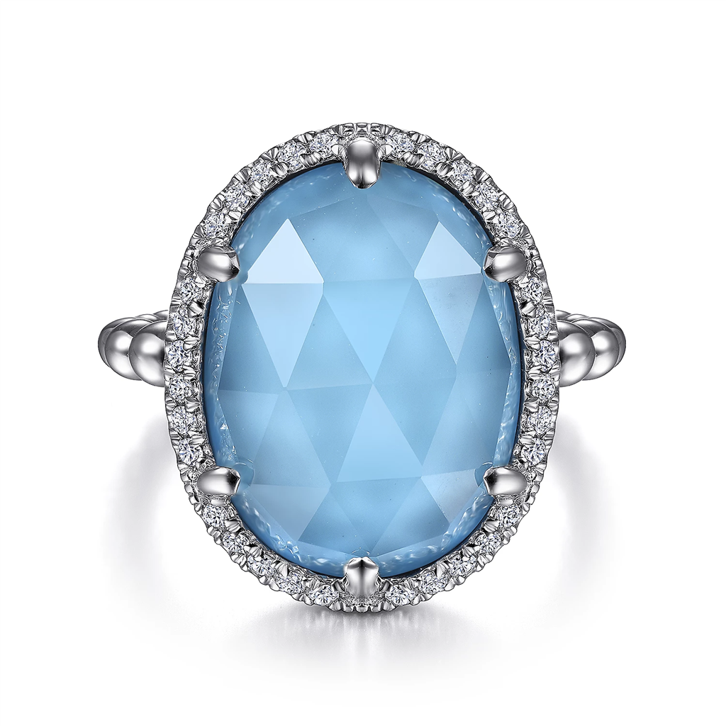 Gabriel & Co. Silver 925 Sterling Silver Oval Rock Crystal and Turquoise Signet Ring with White Sapphire Halo