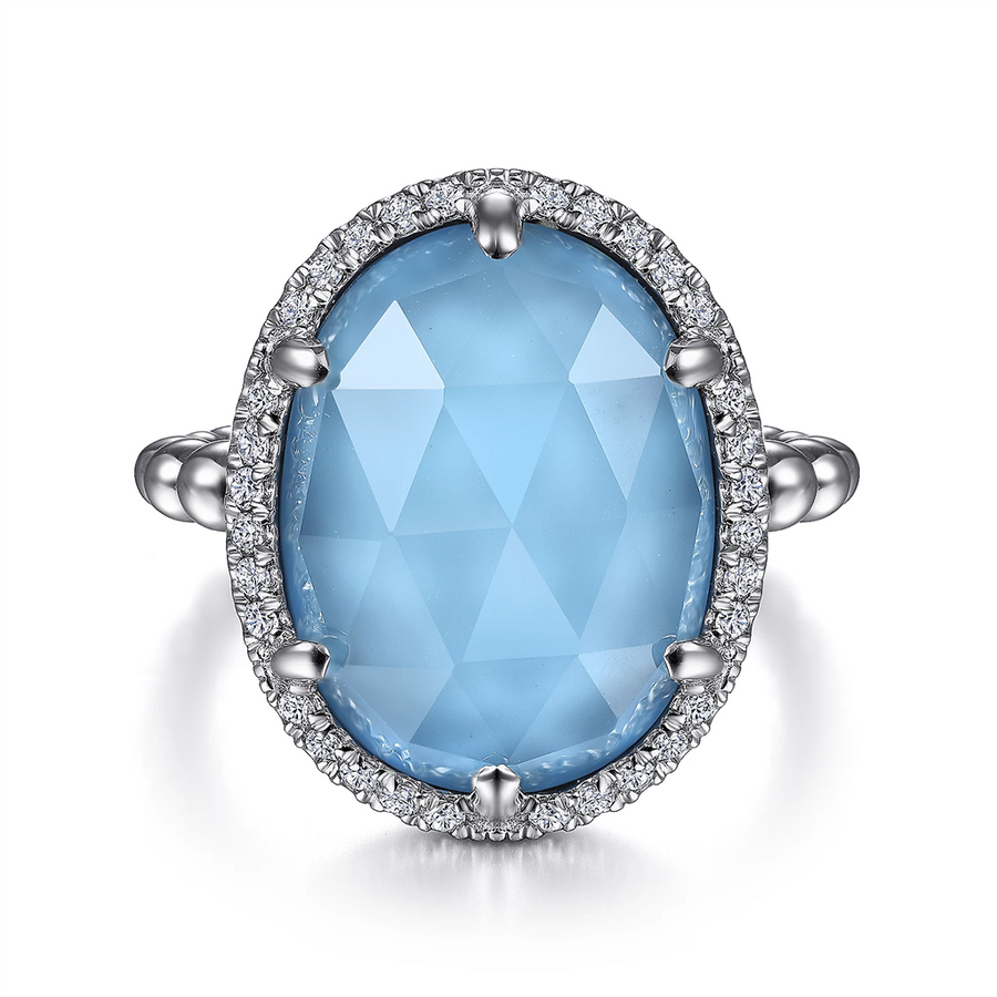 Gabriel & Co. Silver 925 Sterling Silver Oval Rock Crystal and Turquoise Signet Ring with White Sapphire Halo