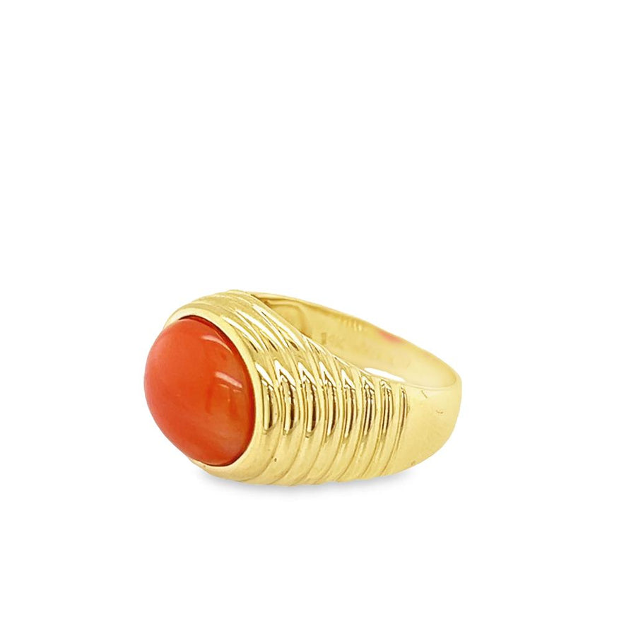 Yellow 14 Karat Oval Tiered Fashion Ring Estate Jewelry with 1 Oval Coral