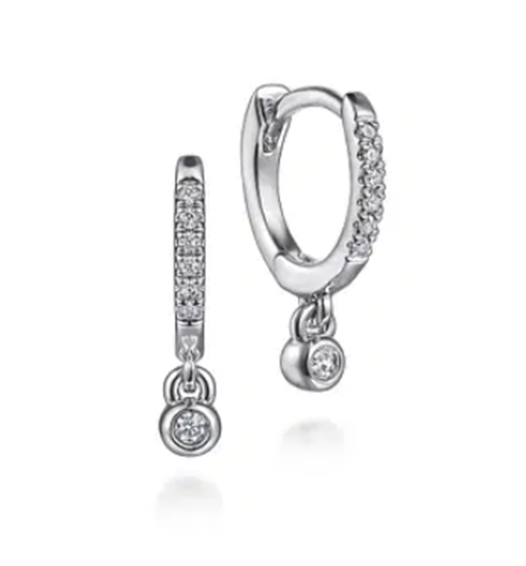 Gabriel & Co Lady's Diamond Huggie Hoop Earrings with Diamond Dangle