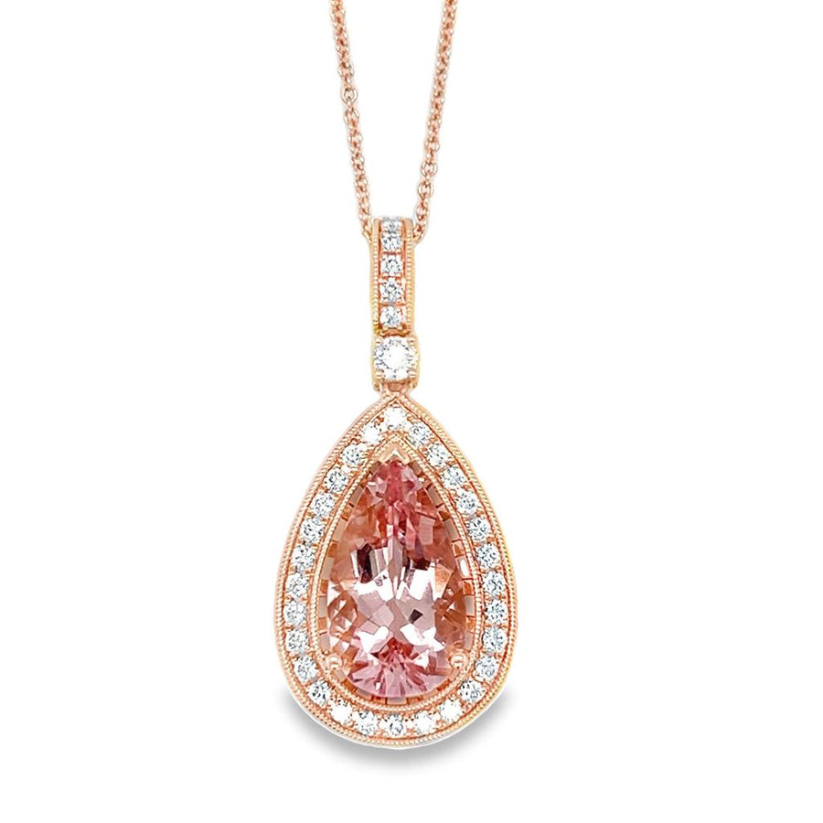 Lady's Rosé 14 Karat Milgrain Morganite Halo Pendant Necklace