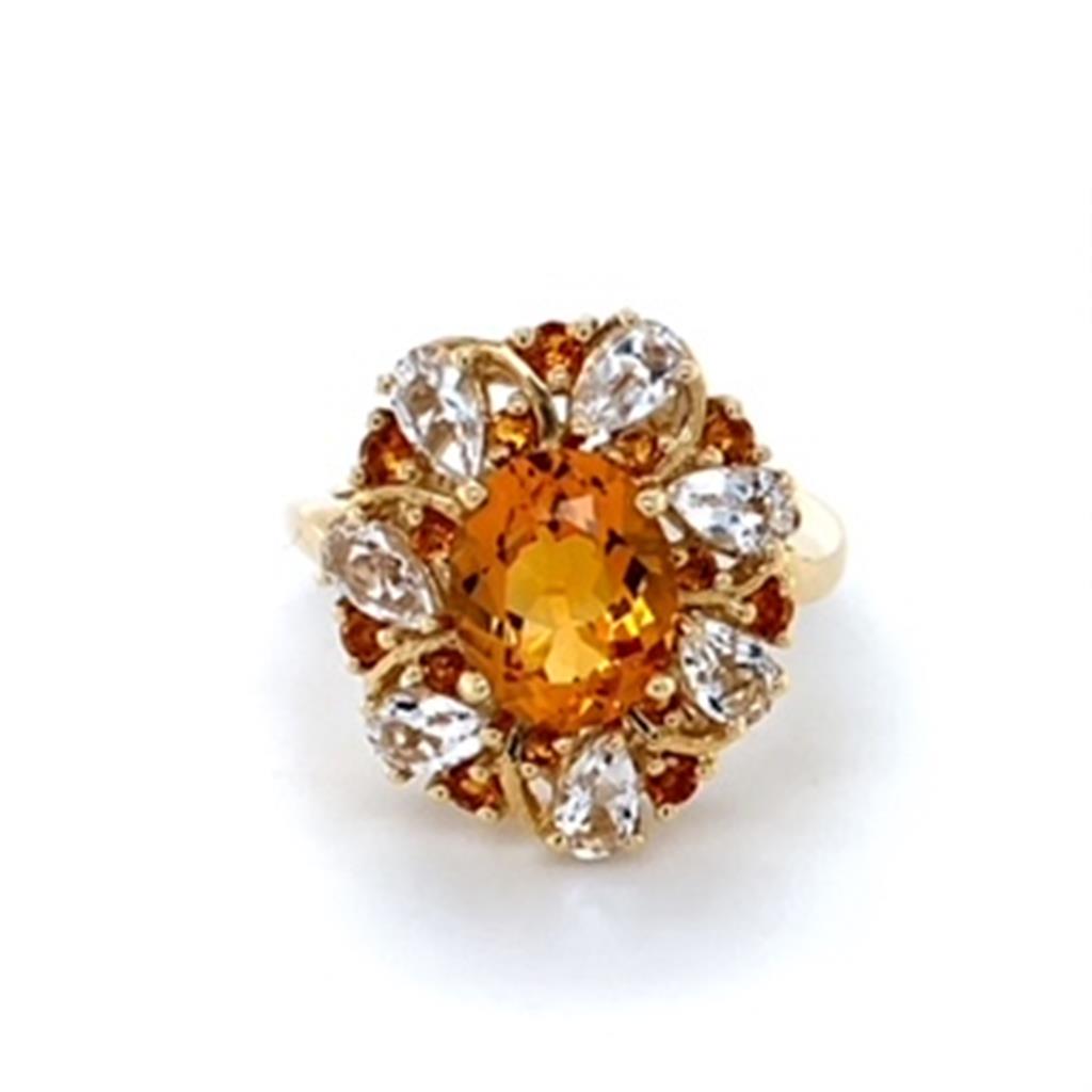 Estate Citrine and White Sapphire Cluster Fashion Ring 14KY Gold