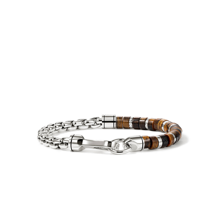 Sterling Silver 6mm Half Box Chain Half Beaded Bracelet With Hook Clas