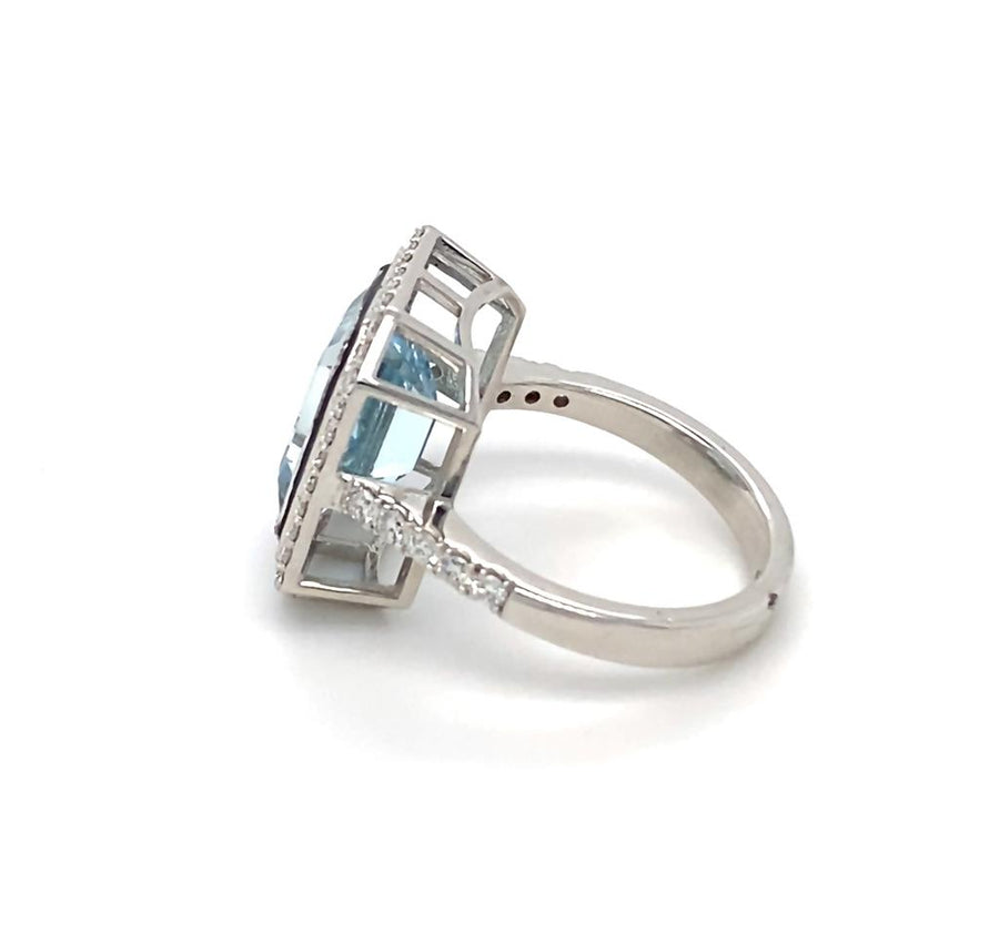 Emerald Cut Aqua Marine with Black Enamerl and Diamond Halo Ring