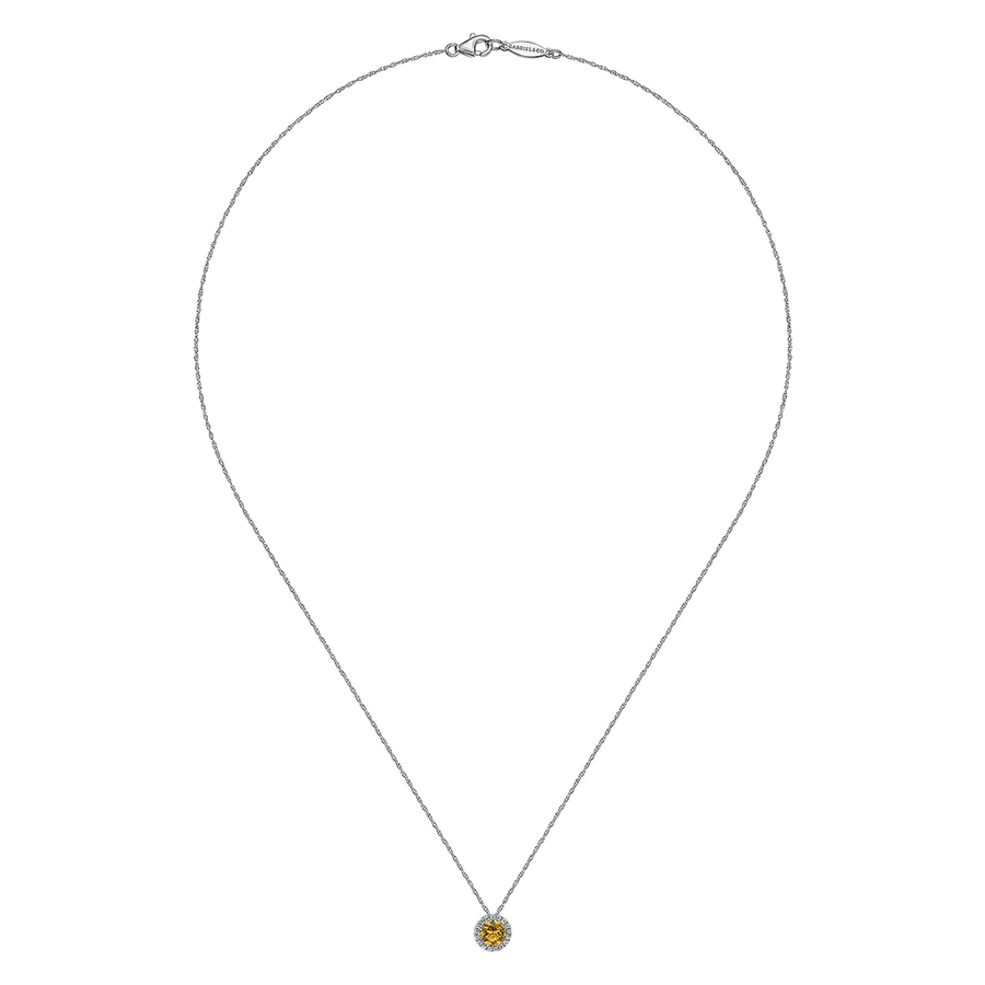 Gabriel & Co. Fashion 14K White Gold Round Citrine and Diamond Halo Pendant Necklace