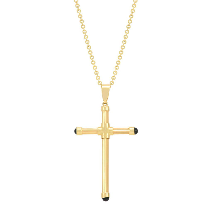 Yellow 14 Karat Tube Cross Pendant With 3 Black Onyx Caps On A Forzati