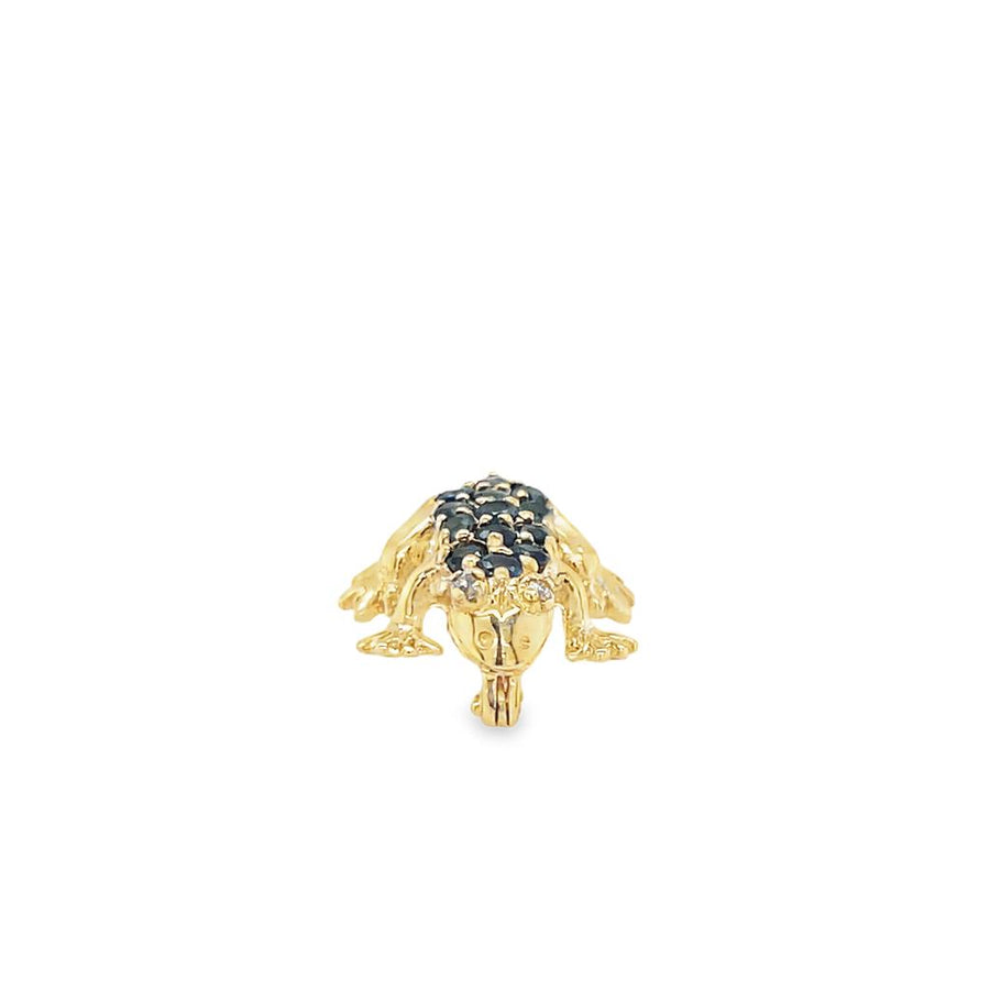 Yellow 14 Karat Diamond And Blue Sapphire Frog Pin Estate Jewelry With 13 Round Sapphires And 2 Round Diamonds Gram Weight: 2.17