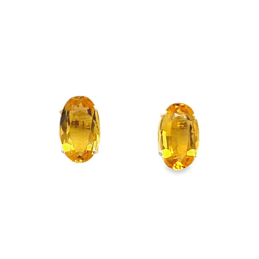 Yellow 14 Karat Oval Citrine Studs In Basket Settings w/ Friction Push