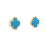 14 Karat Yellow Gold Clover Style Turqoise And Diamond Earrings Estate