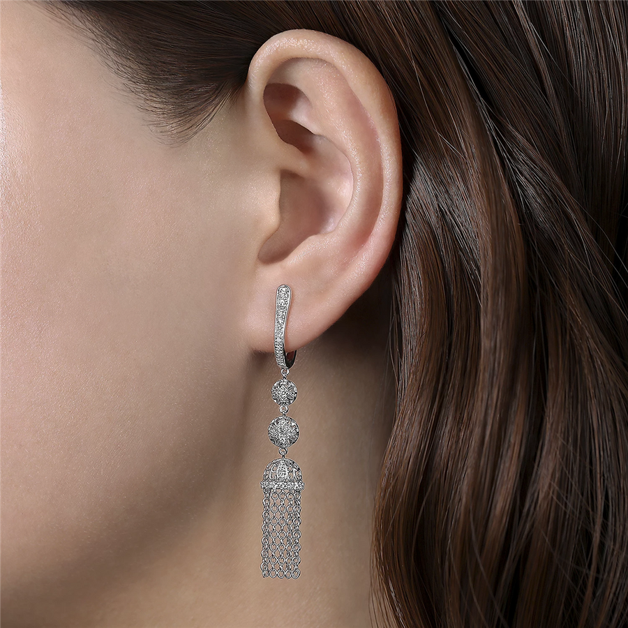 Gabriel & Co. Fashion 14K White Gold Diamond Tassel Statement Huggies