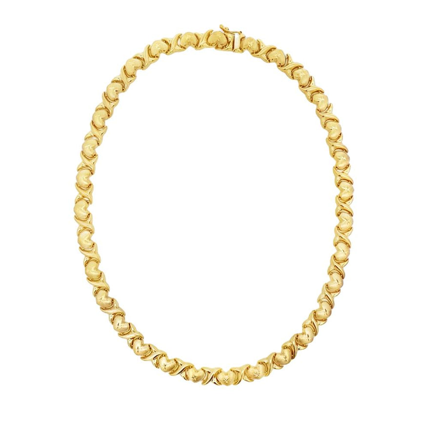 Yellow 14 Karat D/C And Satin 8mm "X" And Hearts Necklace w/ Safety Bo
