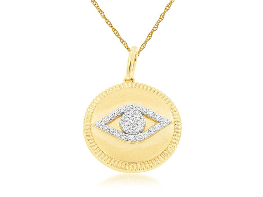 Lady's Yellow 14 Karat Satin/Engraved Eye Pendant With 29 = 0.14Tw Rou