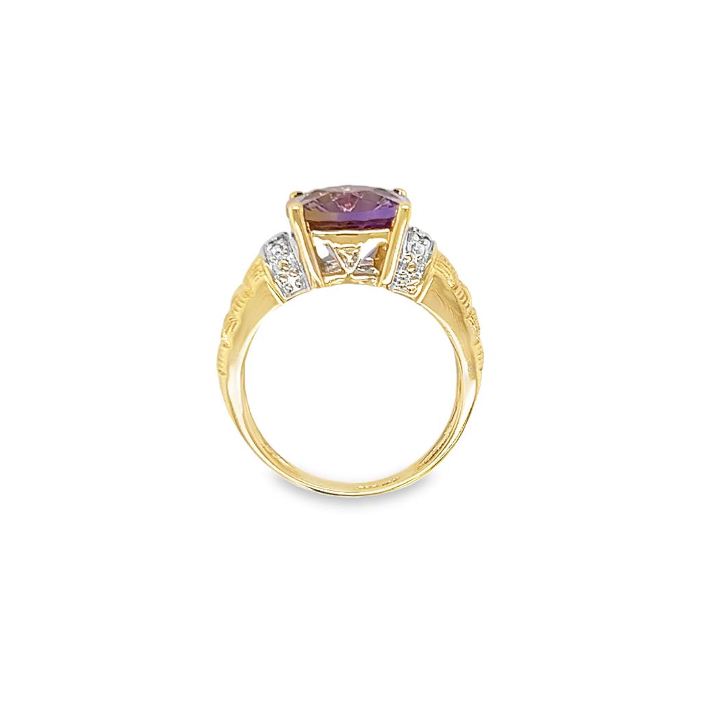 Two-Tone 14 Karat Textured/Polished Fantasy Cut Ring Estate Jewelry Size 6.75 one 9.96x9.96mm Fantasy Cut Amethyst
4=0.06tw Round Diamonds Gram Weight: 5.02