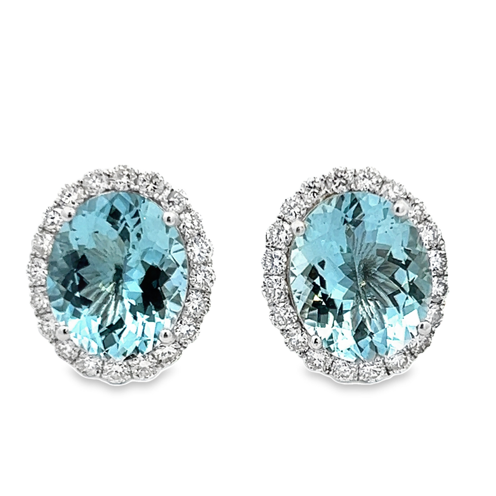 Estate Oval Aquamarine & Diamond Halo Earrings