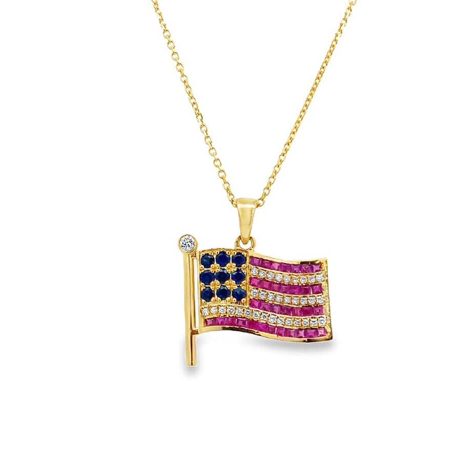 14 Karat Yellow Gold American Flag Ruby, Sapphire And Diamond Necklace