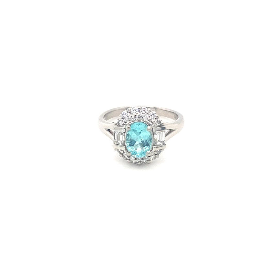 Estate Platinum Paraiba Tourmaline and Double Diamond Halo Ring
