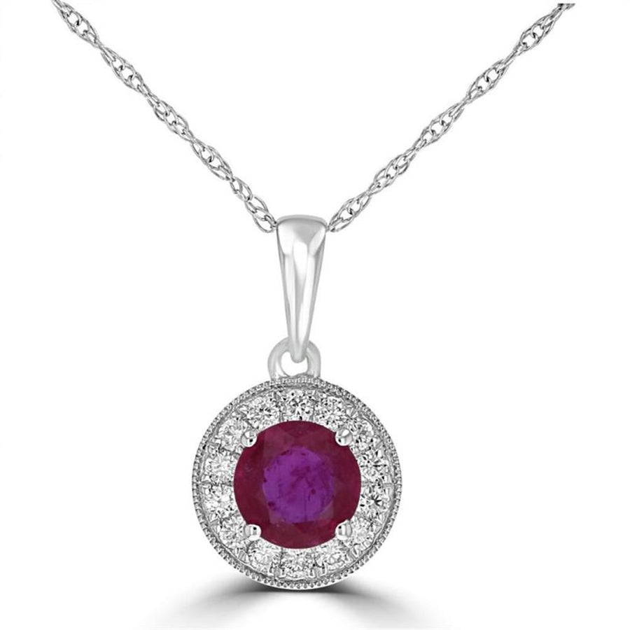Lady's White 14 Karat Diamond Halo Pendant With One 5.00Mm Round Ruby