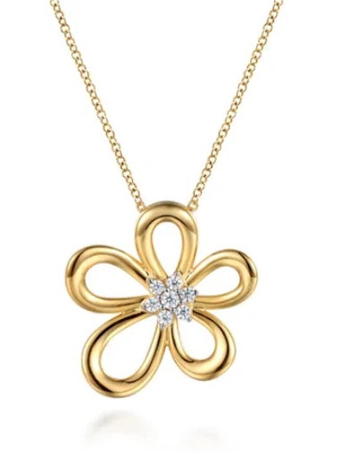 Lady's Yellow 14 Karat Open Flower Petal Pendant Necklace Length 17.5