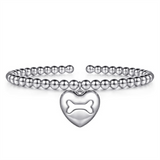 White Sterling Silver Beaded Cuff Bracelet And Dog Bone Engraved Heart