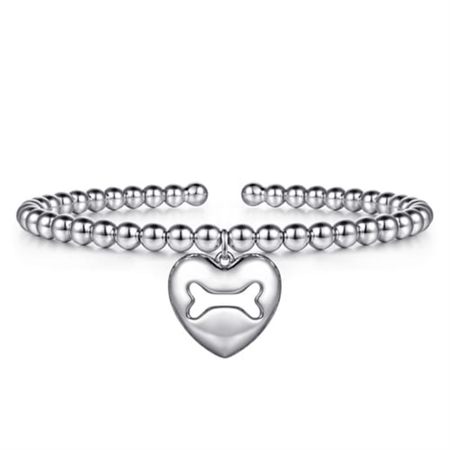 White Sterling Silver Beaded Cuff Bracelet And Dog Bone Engraved Heart