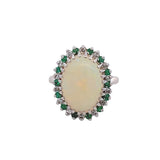 Oval Cabochon White Crystal Opal Emerald and Diamond Ring