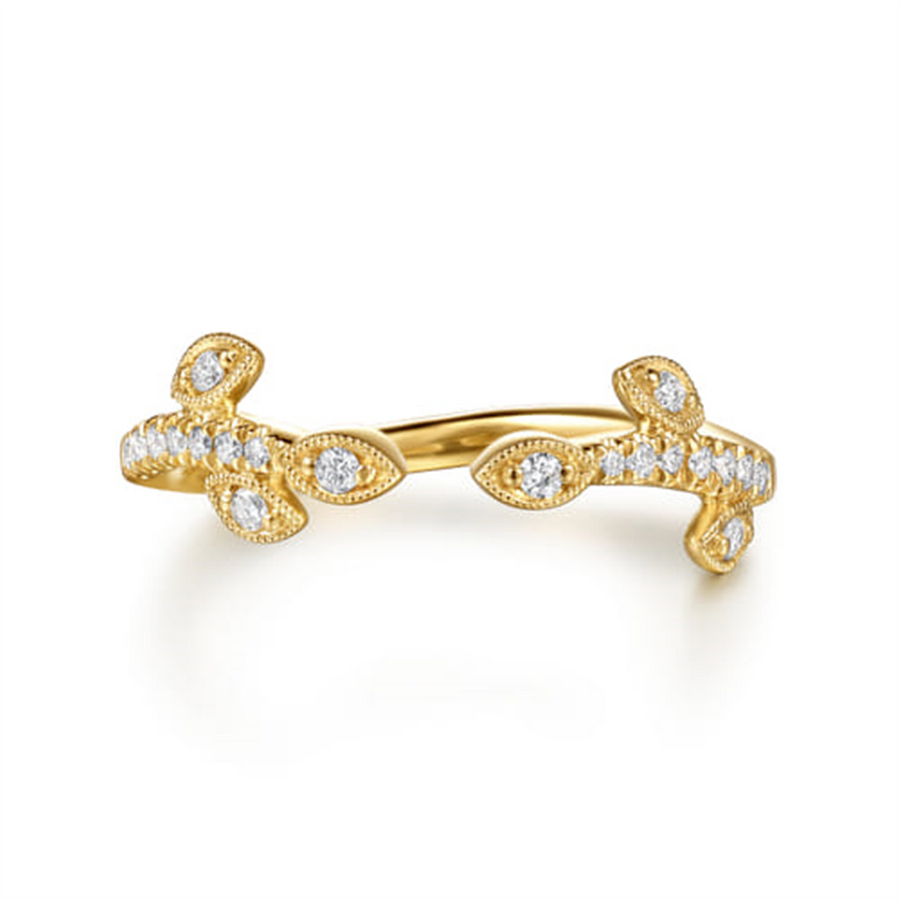 Lady's Yellow 14 Karat Leaf Style Open Diamond Wedding Band With Milig