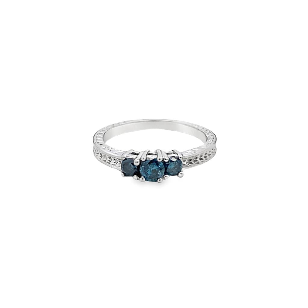 Estate Engraved 3 Stone Irradiated Blue Diamond Ring