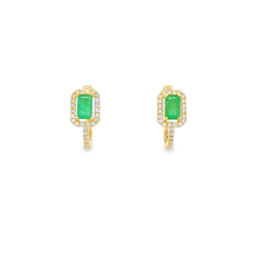 Lady's Yellow 14 Karat Emerald Halo Small Hoop Earrings With 2 = 0.56T