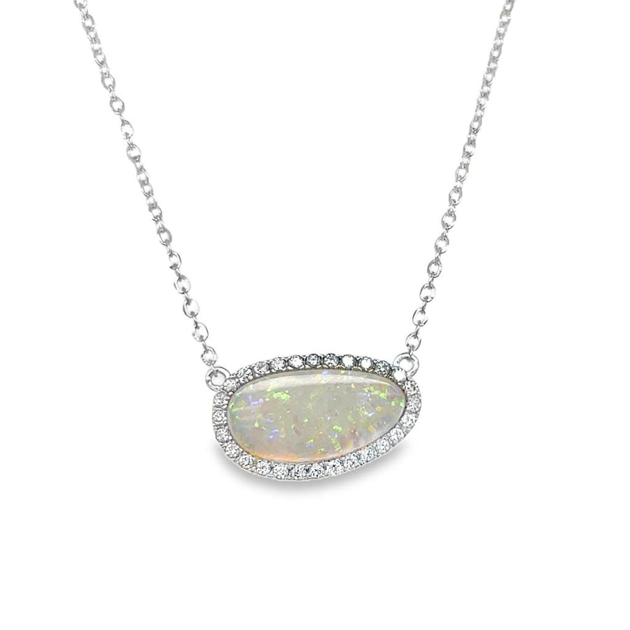 Lady's White 14 Karat Halo Necklace Length 18 With One = 2.09CT Oval O