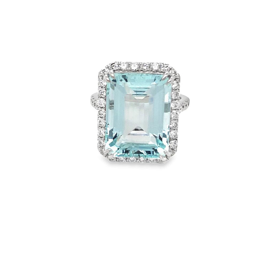 Emerald Cut Aqua Marine and Diamond Halo Ring