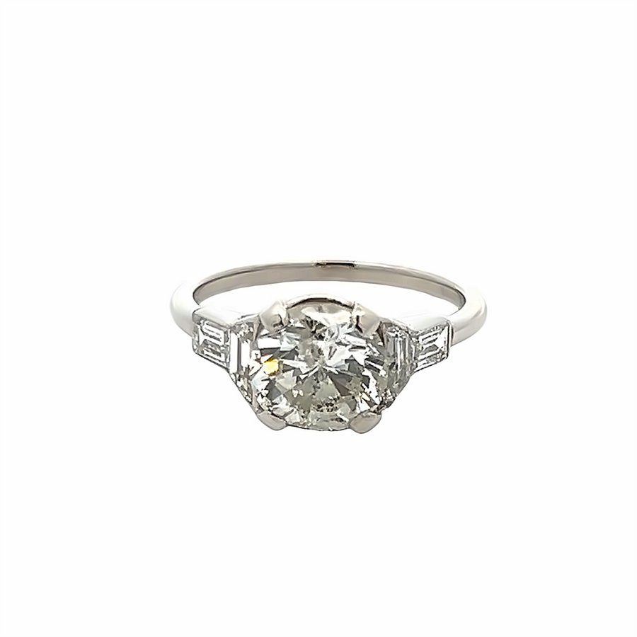 Estate Round Diamond with Trapezoid and Bagguette Sides Engagement Ring