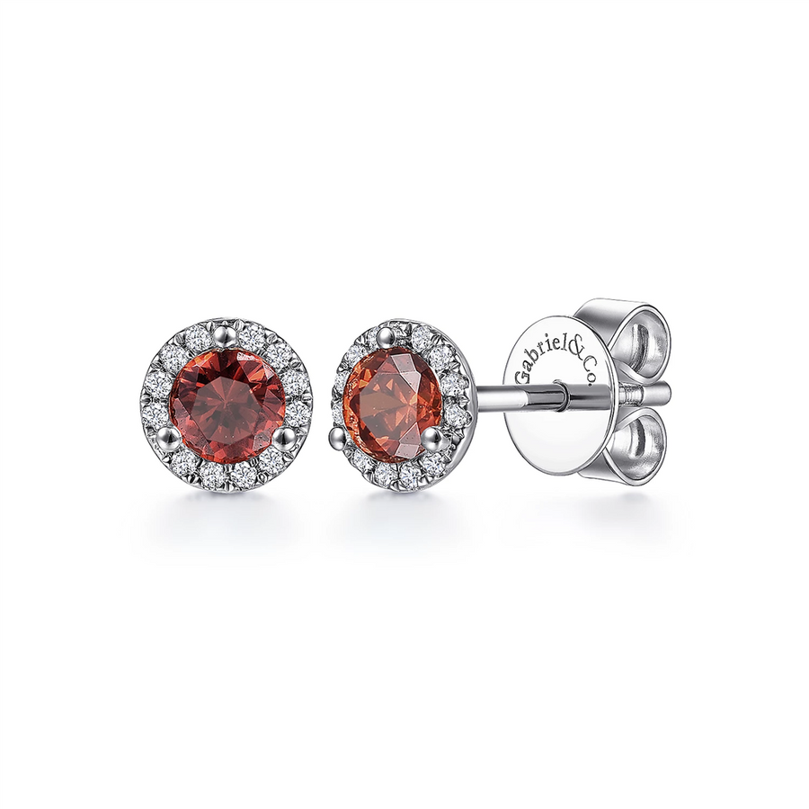 Gabriel & Co. Fashion 14K White Gold Halo Garnet and Diamond Stud Earring